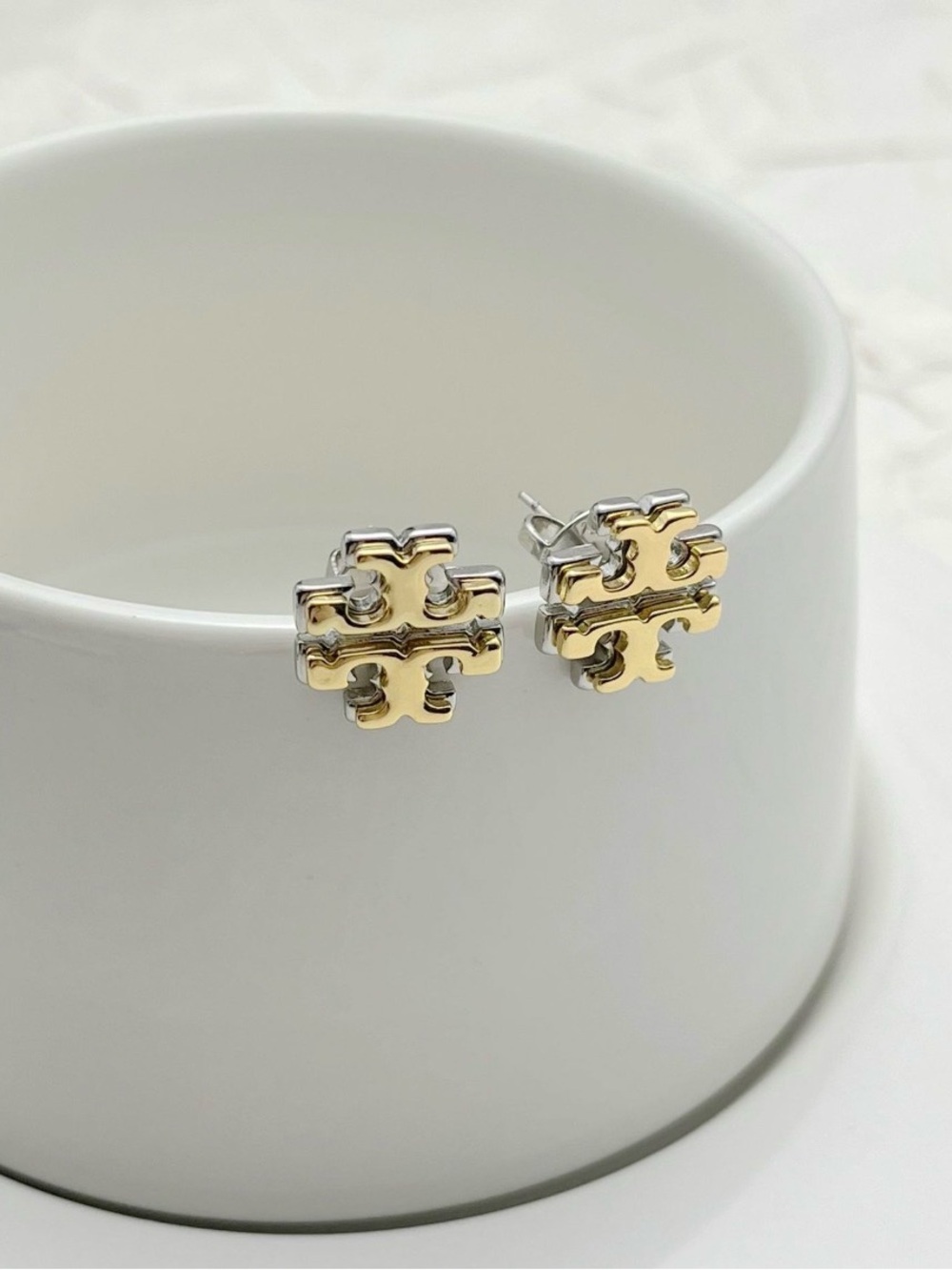 Tory Burch Two-Tone Logo Stud Earrings in Gold and Silver